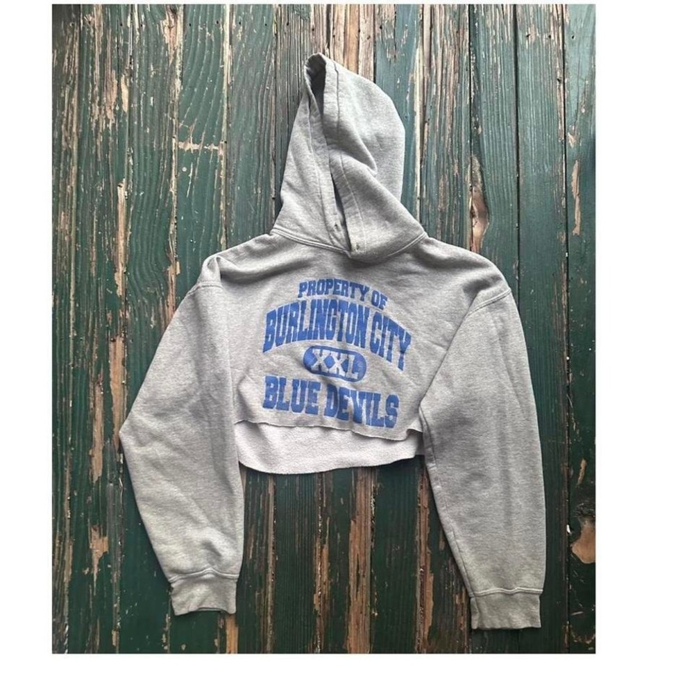 Burlington City Blue Devils Cropped Hoodie Gray Graphic Sweatshirt XXL Custom